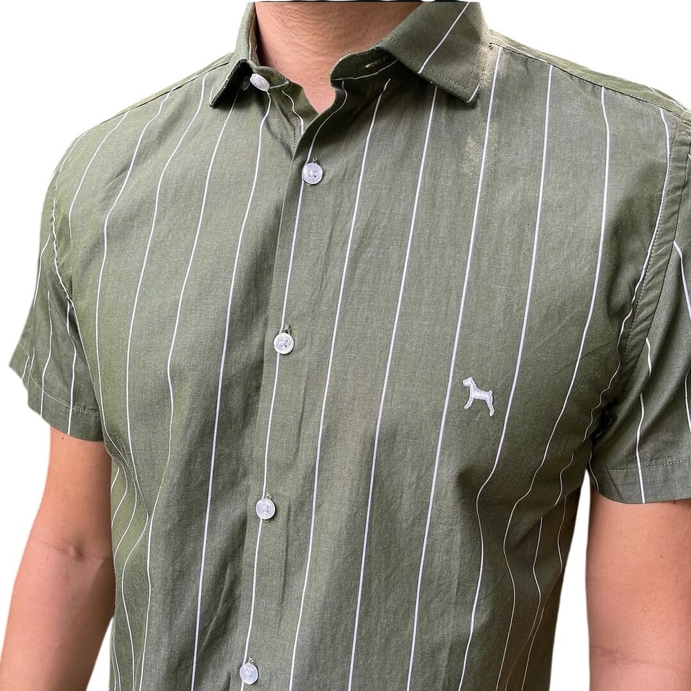 Victor Men's Olive Green Pinstripe Short Sleeve Button-Up Shirt 100% Cotton Sz L